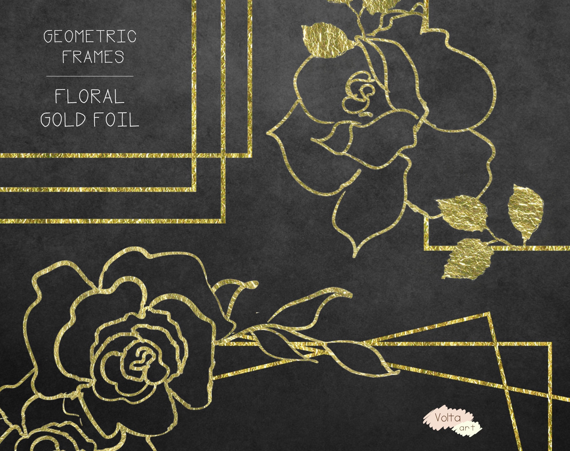 Gold Glitter Gold Foil Floral Frames Hand Drawn Glam Flowers Etsy