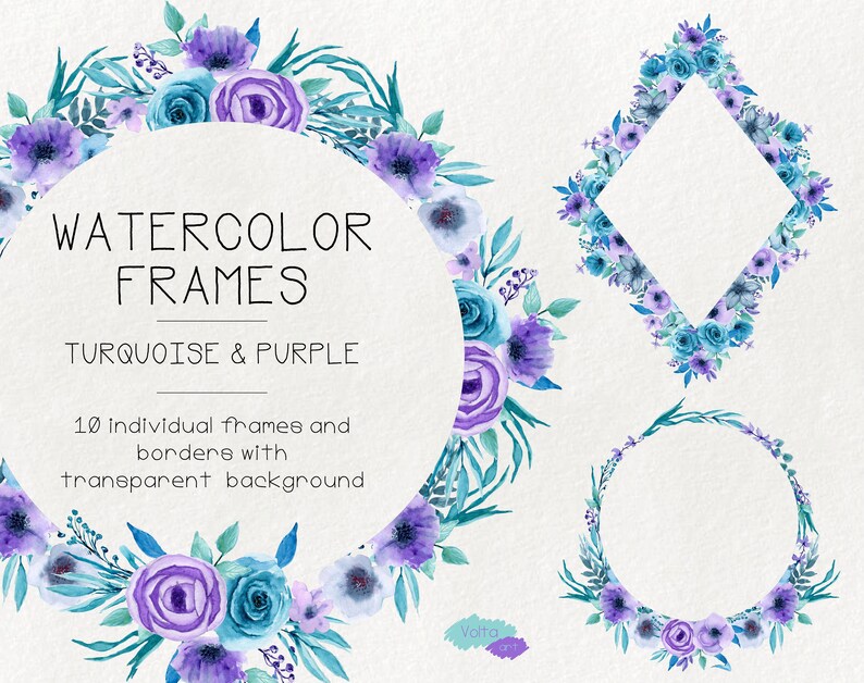 Watercolor Purple Turquoise floral frames borders angle Hand | Etsy