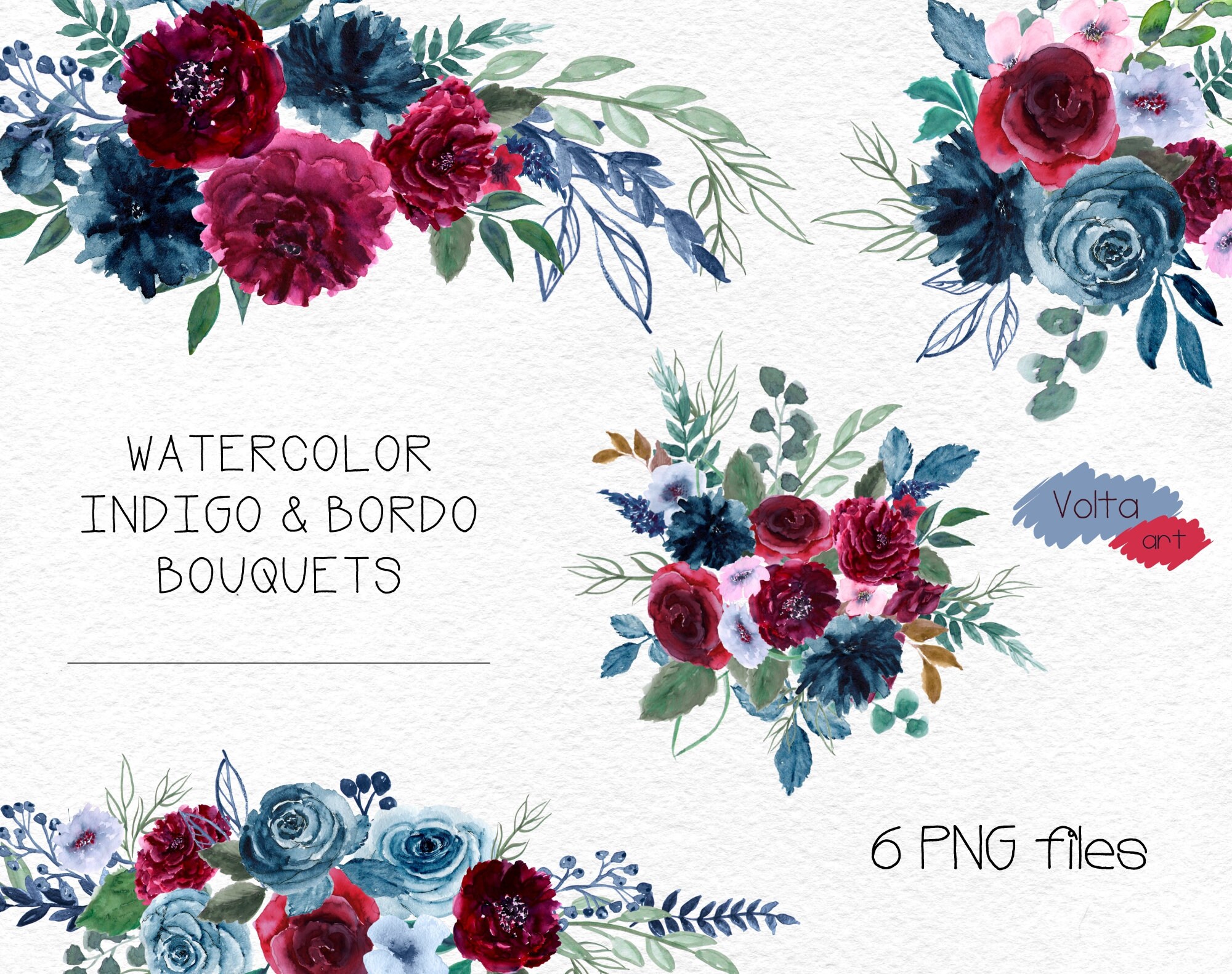 Indigo Bordeaux watercolor Peony floral bouquets Hand drawn Etsy