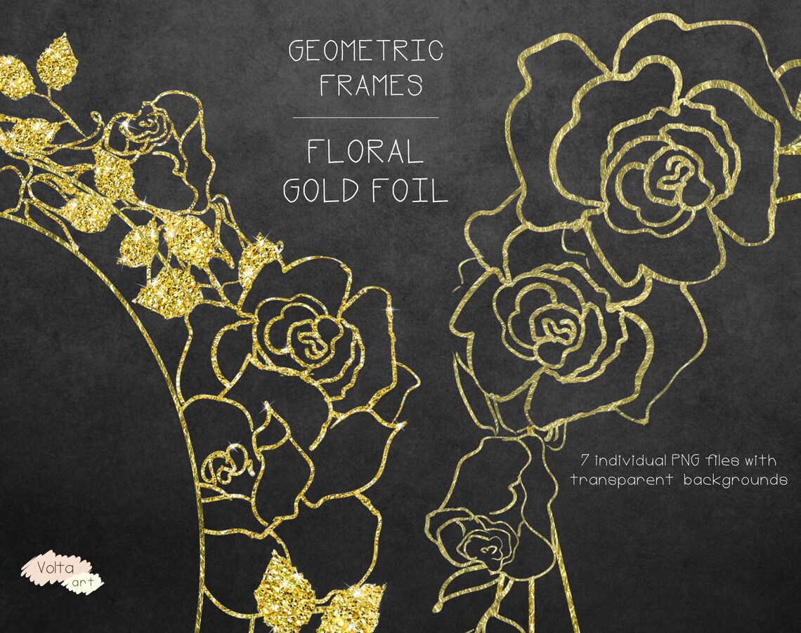 Gold Glitter Gold Foil Floral Frames Hand Drawn Glam Flowers Etsy