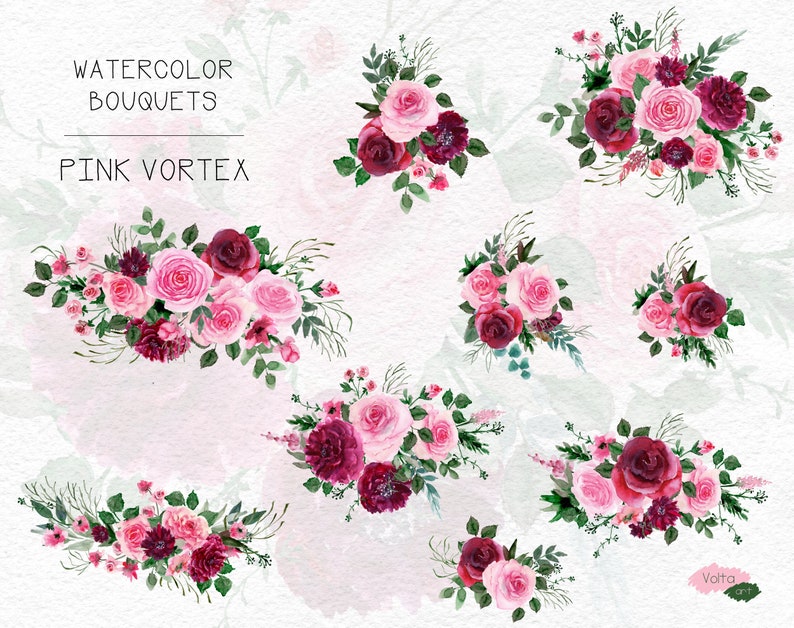Leaves Hand drawn PNG flowers,Marsala clip art Commercial use Peony floral bouquets Cute Pink Bordo watercolor roses Bridal design