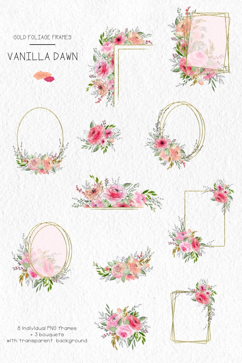 Commercial use Linear graphic Watercolor Floral Geometric Gold foliage Frames border Vanilla peach frames PNG Wedding Invitation Design