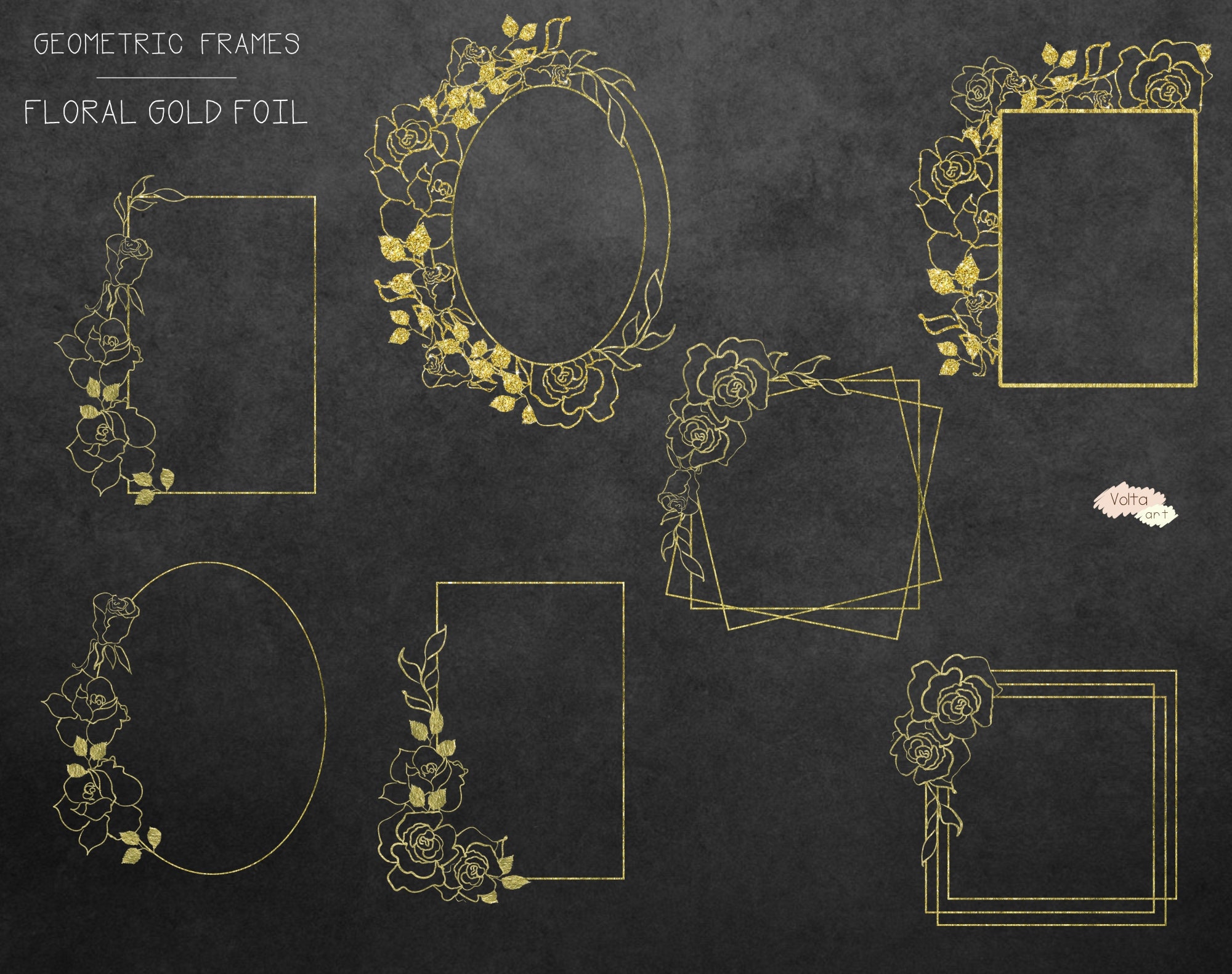 Gold Glitter Gold Foil Floral Frames Hand Drawn Glam Flowers Etsy