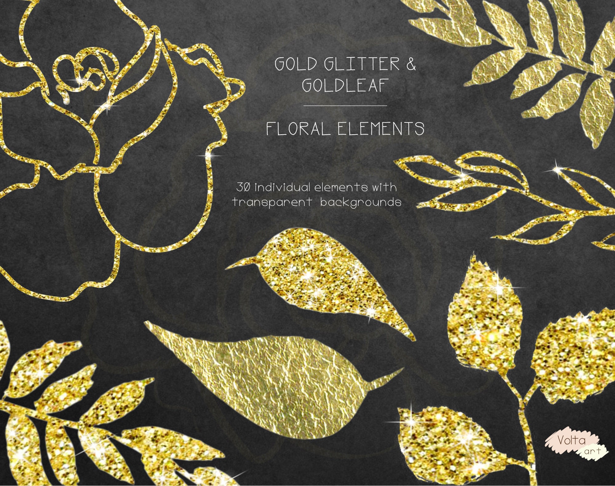Gold glitter Gold foil Floral Elements Hand drawn leaves and Etsy