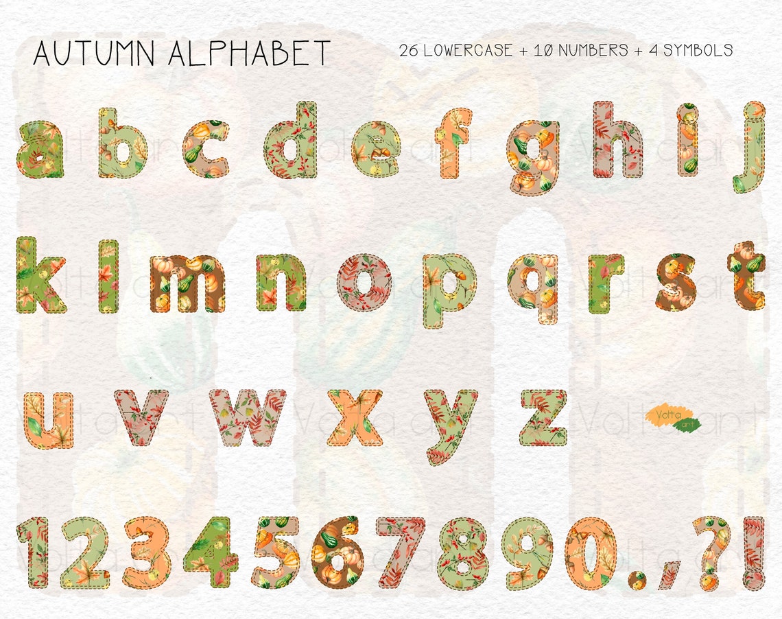 Autumn pattern Alphabet clip art Digital Letters Numbers | Etsy