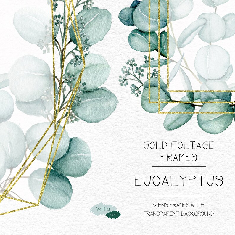 Eucalyptus Floral Geometric frames PNG Watercolor Gold | Etsy