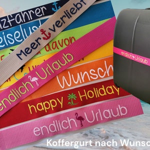 Personalisierter Koffergurt Reise auffällig mit Namen oder Wunschtext Kofferband mit Text 20 Farben zur Auswahl, Geschenk besonders