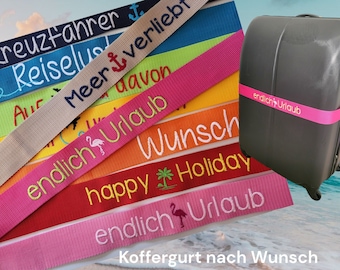 Personalisierter Koffergurt – bestickt mit Namen oder Wunschtext 100%handmade 20 Farben zur Auswahl