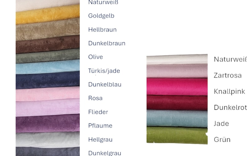 May include: A variety of fabric swatches in different colors and textures, including natural white, gold yellow, light brown, dark brown, olive, turquoise, dark blue, pink, lilac, plum, light gray, and dark gray.