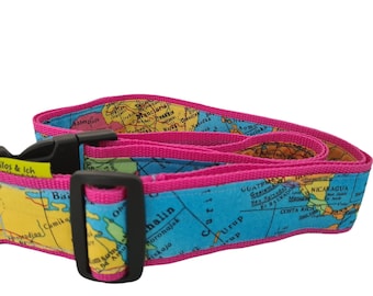 Koffergurt pink / Kofferband Weltkarte / Gepäckriemen / Reise /Urlaub