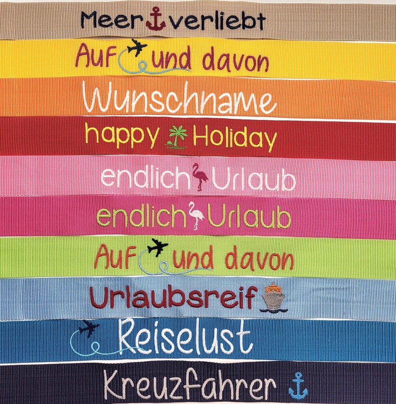 Personalisierter Koffergurt bestickt mit Namen oder Wunschtext 100%handmade 20 Farben zur Auswahl Bild 7