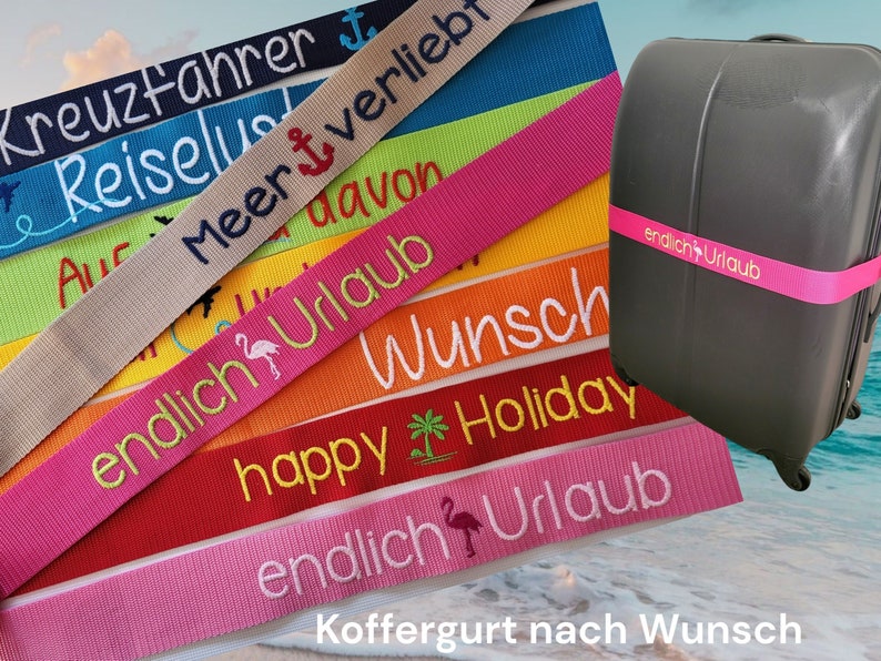 Koffergurt mit Namen oder Wunschtext personalisiert, bunter Koffergurt, individuell Kofferband, Gepäckband, Kofferriemen, Gepäckriemen, Urlaub, Ferien, Kreuzfahrt, Wochenende, Meer, verliebt