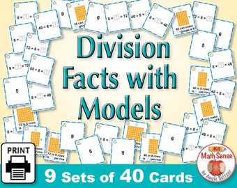 Division Facts Card Games 2s through 10s with Models - 9 Printable Sets of Cards