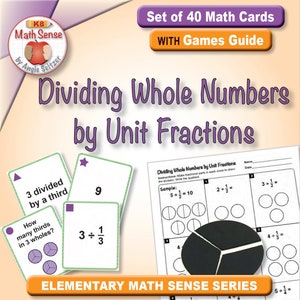 Puede incluir: Un conjunto de 40 tarjetas de matemáticas para dividir números enteros por fracciones unitarias. Las tarjetas presentan ilustraciones y texto coloridos, incluida la frase "Dividing Whole Numbers by Unit Fractions". Las tarjetas forman parte de la "Elementary Math Sense Series".