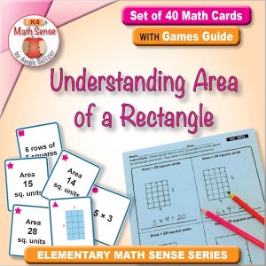 May include: A set of 40 math cards for teaching children about area of a rectangle. The cards feature colorful illustrations and examples of how to calculate area. The set includes a games guide.  The cards are part of the Elementary Math Sense Series.