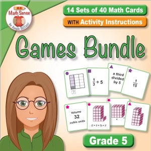 Op de afbeelding: Een kleurrijke illustratie van een meisje met een bril en een groen shirt. De afbeelding bevat de tekst "Games Bundle" en "Grade 5". Er zijn verschillende wiskundekaarten met verschillende problemen en illustraties van kubussen. De tekst "14 Sets of 40 Math Cards" en "WITH Activity Instructions" is ook inbegrepen.