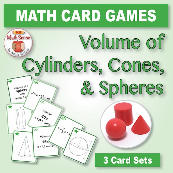 Middle School Geometry: Volume of Cylinders, Cones, & Spheres – 3 Card Sets for Games