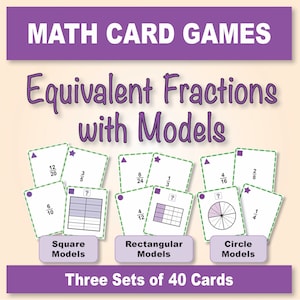 5th Grade Games | 3 Sets Equivalent Fractions with Models – Squares Rectangles Circles [Code 5F11]