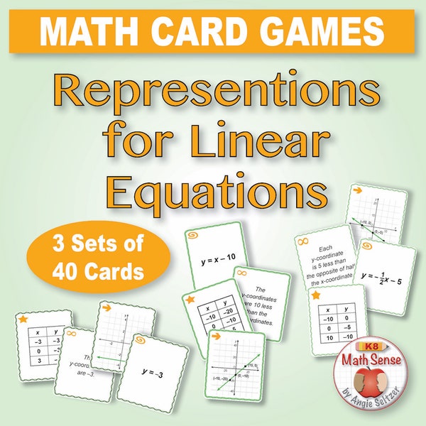 Algebra Games: Matching Linear Functions or Equations, Graphs, and Tables – 3 Sets of 40 Cards