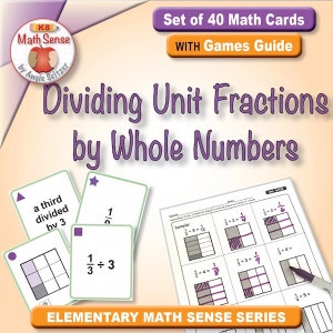 May include: A set of 40 math cards for dividing unit fractions by whole numbers. The cards feature a colorful design with the title "Dividing Unit Fractions by Whole Numbers" and the text "K8 Math Sense by Angie Seltzer". The cards are part of the "Elementary Math Sense Series".