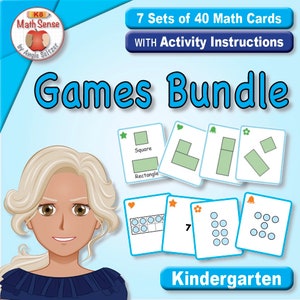 May include: A colorful image with a cartoon character and a set of 7 math game cards for kindergarten. The cards feature shapes, numbers, and ten frames. The text on the image reads "K8 Math Sense by Angie Seltzer, 7 Sets of 40 Math Cards WITH Activity Instructions, Games Bundle, Kindergarten".