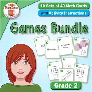 Può includere: Un set di 10 giochi di matematica per la seconda elementare. I giochi includono 40 carte ciascuna con un problema di matematica diverso. Le carte presentano una varietà di colori, tra cui verde, blu, rosa e bianco. Le carte presentano anche una varietà di forme, tra cui stelle, cuori e campane. I giochi sono progettati per aiutare i bambini ad imparare i concetti matematici in modo divertente e coinvolgente. Il testo sulle carte include "615", "6 hundred + 15", "six hundred fifteen", e "Grade 2".