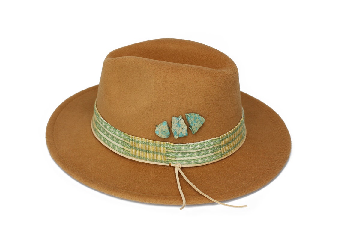 Tan Fedora Wide Brim Fedora Hat Felt Hat Turquoise Stone Etsy