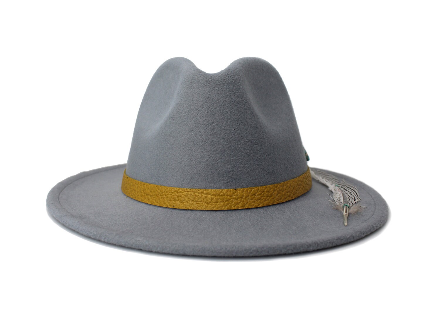Grey Fedora Hat, Wide Brim Fedora Hat, Turquoise Stone, Felt  display picture 2