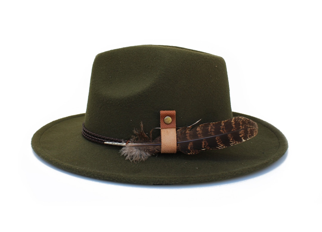 Olive Green Fedora Hat, Wide Brim Fedora Hat, Felt Hat, Inner Adjustable Drawstringone Size