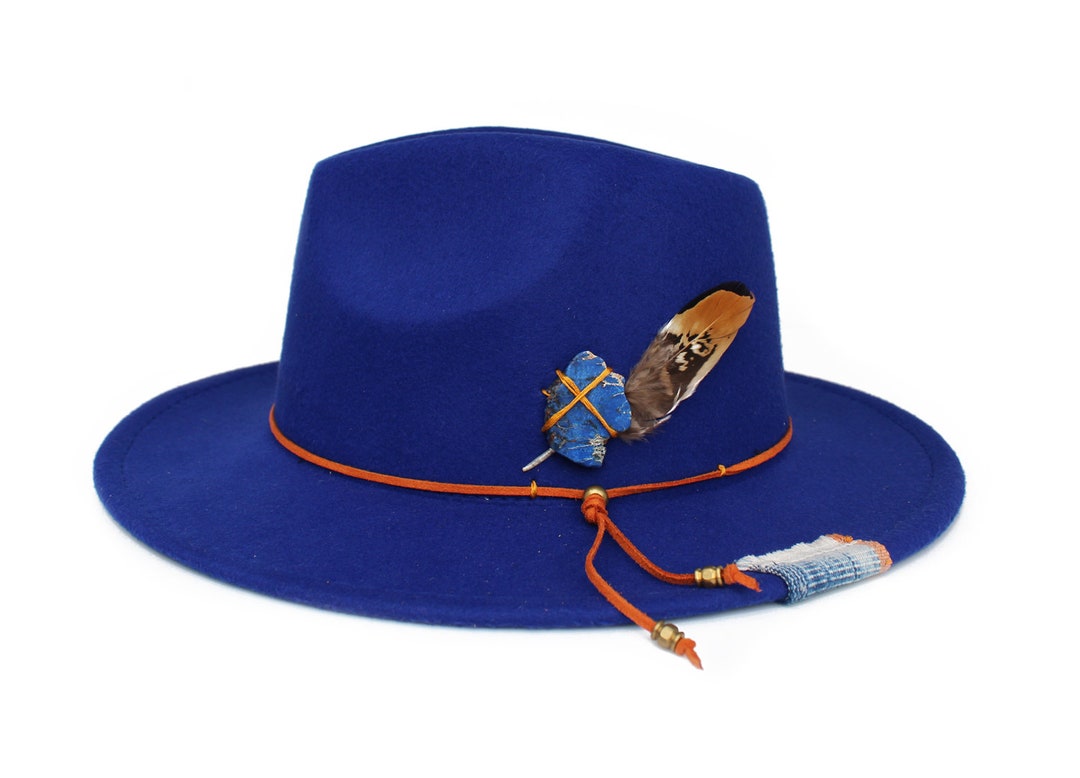 Royal Blue Fedora Hat, Wide Brim Fedora Hat, Felt Hat, Jasper Stone