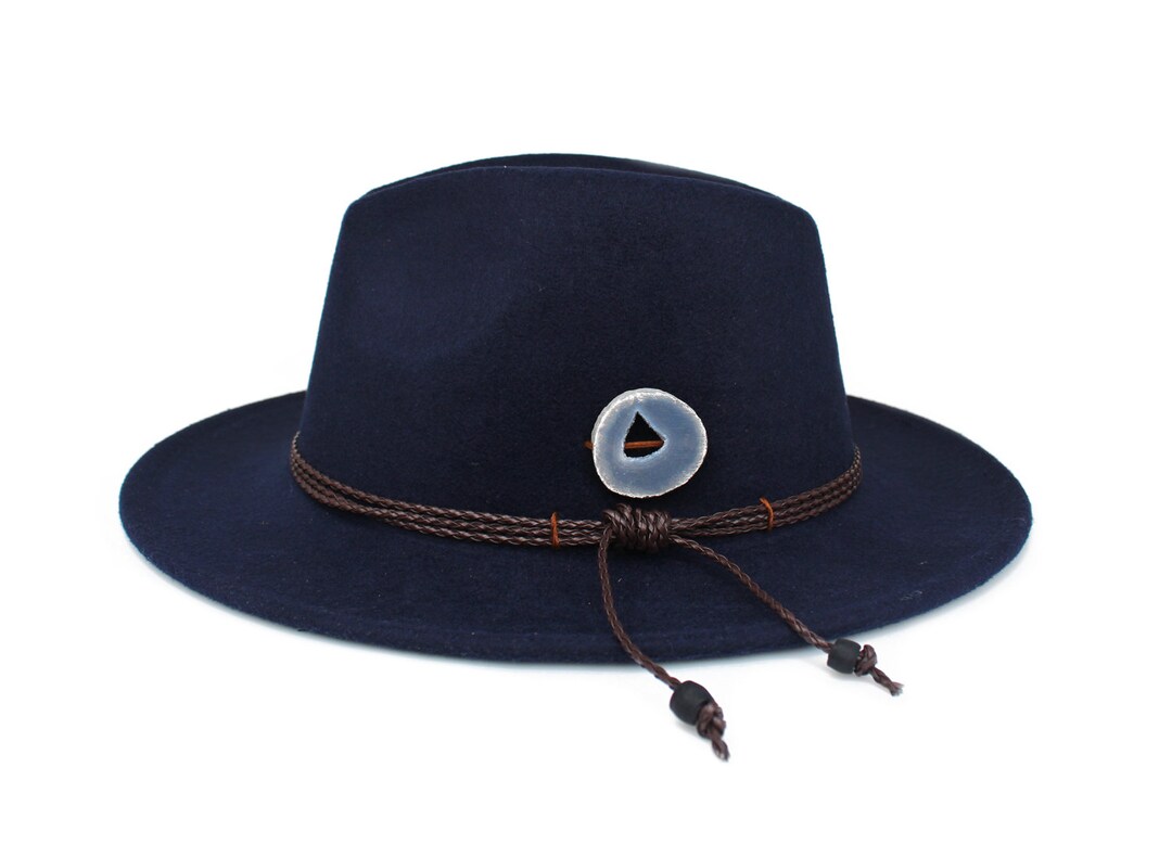 Navy Blue Fedora Hat, Wide Brim Fedora Hat, Felt Hat, Agate Stone