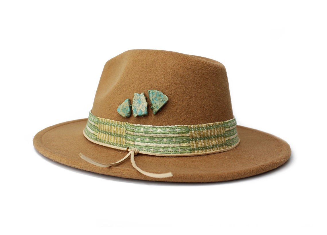 Tan Fedora Wide Brim Fedora Hat Felt Hat Turquoise Stone Etsy