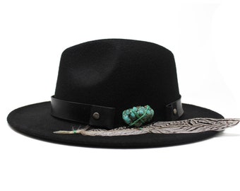 Black Fedora, Wide Brim Fedora Hat, Felt Hat, Turquoise Stone, One Size fits all, Mens and Womens Fedora