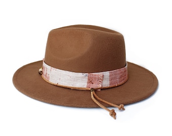 Brown Fedora Hat, Wide Brim Fedora, Felt Hat, Leather, Inner Adjustable Drawstring-One Size fits all- Men's & Women's Hat