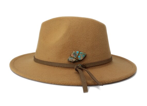 Tan Fedora, Wide Brim Fedora Hat, Felt Hat, Turquoise Stone  display picture 3