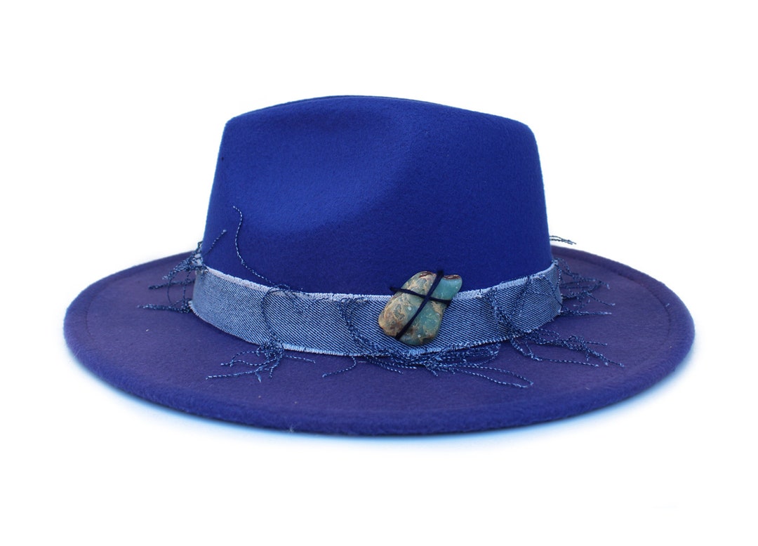 Royal Blue Fedora Hat, Distressed Fedora Hat, Felt Hat, Turquoise Stone