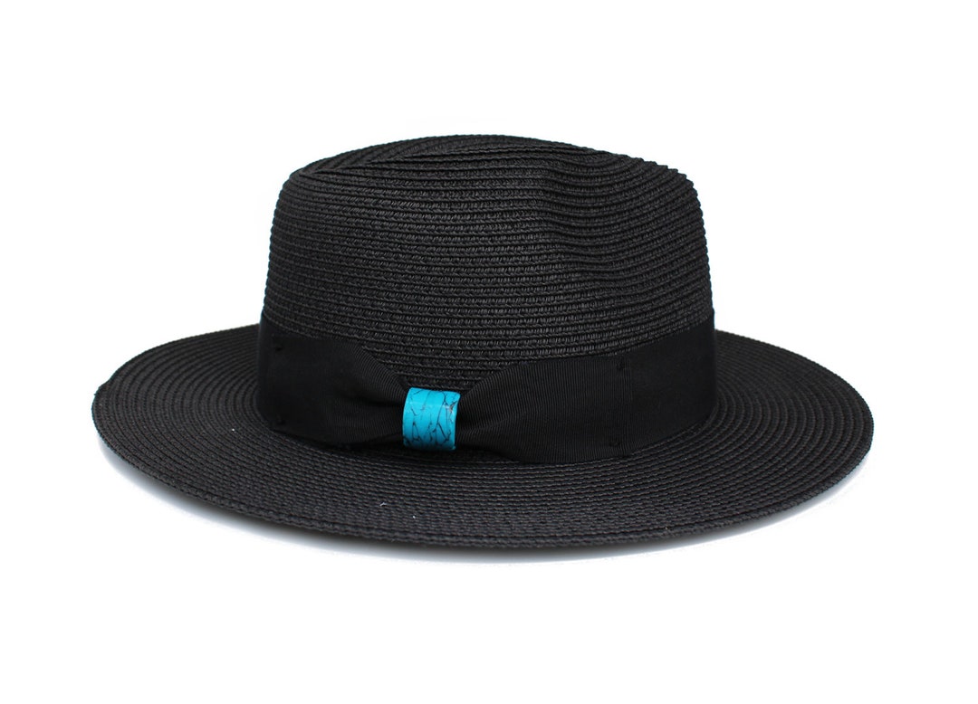 Natural Straw Hat, Black Hat, Sun Hat, Paper Hat, Pool Hat Inner Adjustable Drawstring One Size