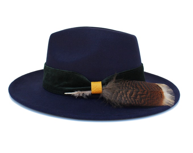 Navy Blue Fedora Hat, Wide Brim Fedora Hat, Felt Hat, Feathers, Inner