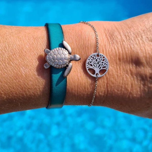 Bracelet, cuir turquoise, perle tortue, argent, fait main, idée cadeau