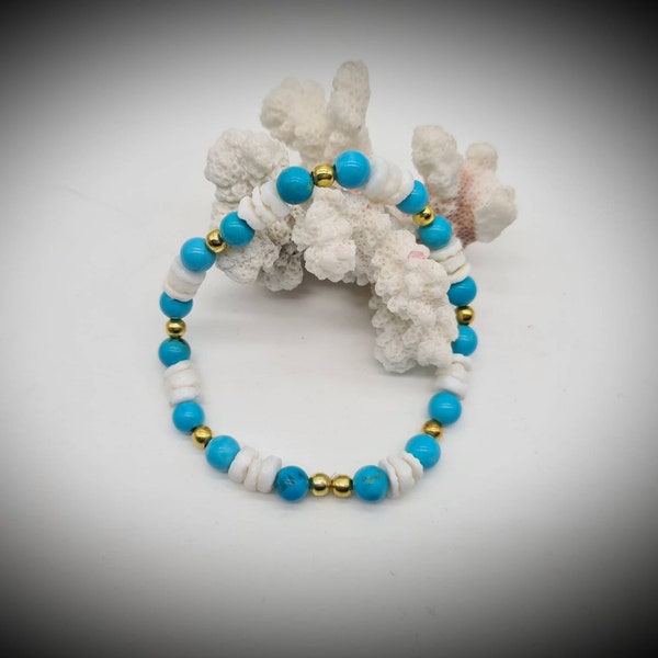 Bracelet ajustable, perles turquoise véritable et coquillage 6mm, 15-16-17cm