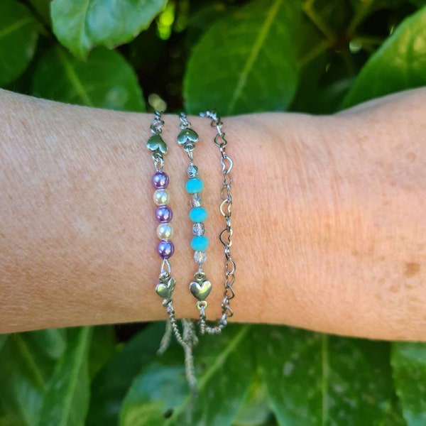 Bracelet argent perles cœur violet ou vert idée cadeau cadeau fait main