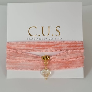 Freshwater pearl heart bracelet with pink ribbon, gift idea