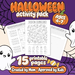 Può includere: Un pacchetto di attività di Halloween con 15 pagine stampabili che includono fogli di lavoro per I Spy, disegno su griglia e abbinamento di motivi. I fogli mostrano illustrazioni in bianco e nero di fantasmi, zucche, caramelle e ragni su uno sfondo viola.