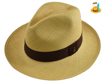 Classic Fedora | Genuine Panama Hat | Beige Toquilla Straw | Brown Band | Handwoven in Ecuador - EA - HatBox Included