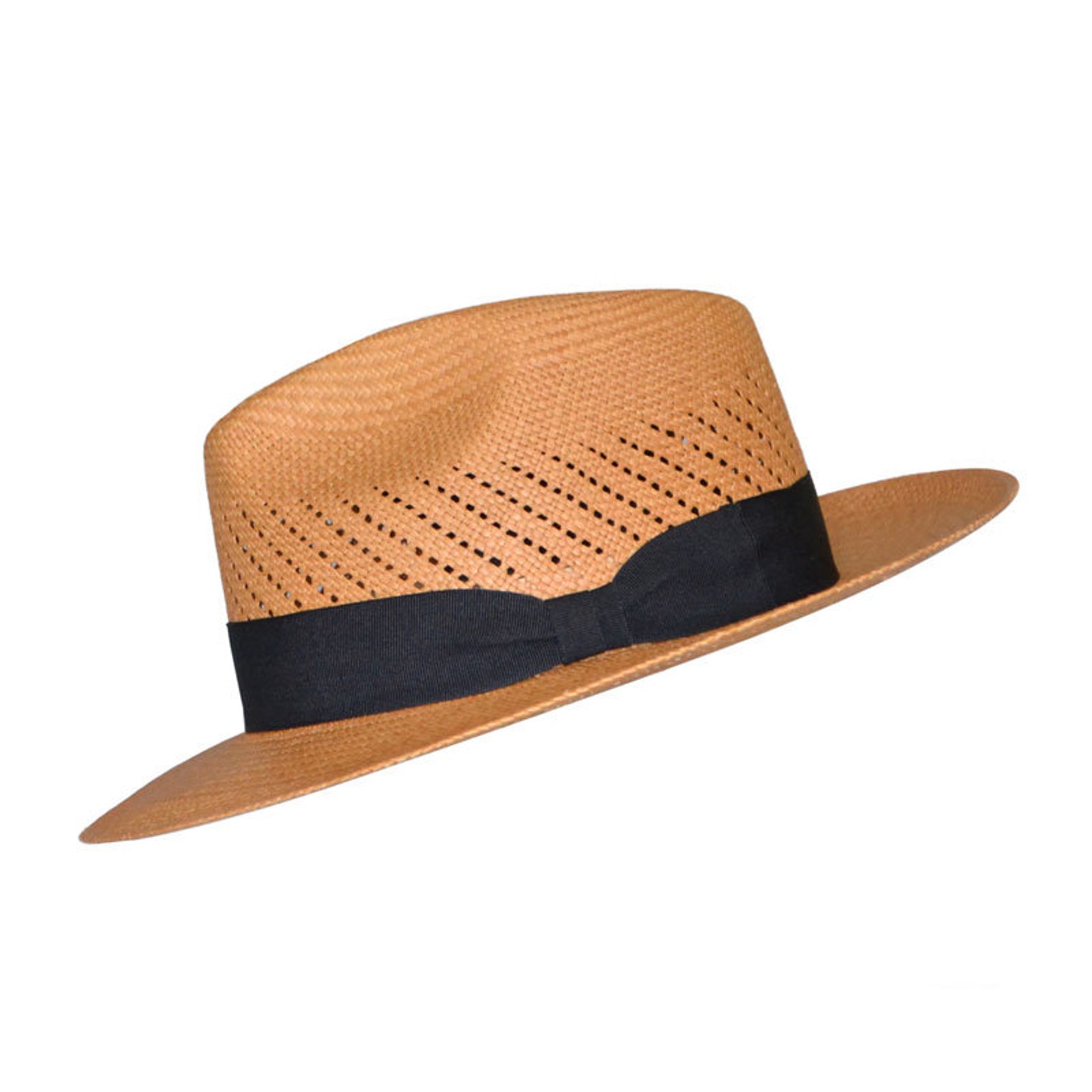 Classic Vented Panama Hat Brisa Weave Brown Straw Black Band Handwoven