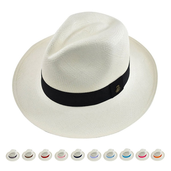 Genuine Panama Hat - Custom Band Color - Classic Summer Fedora - White Toquilla Straw - Handwoven in Ecuador - EA - HatBox Included
