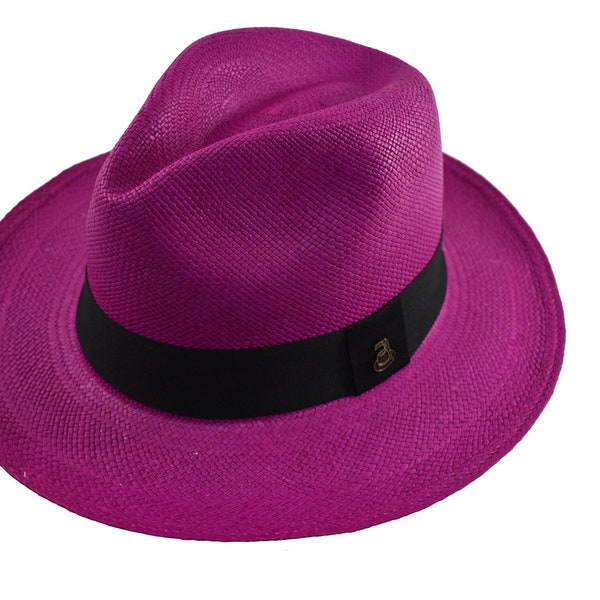 Fedora classique fuchsia | Chapeau Panama authentique | Paille Toquilla | Tissé main en Équateur - EA - HatBox incluse