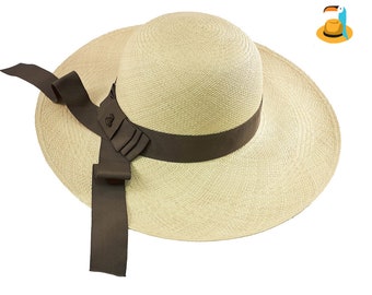 Classy Long Brim | Genuine Panama Hat | Natural Toquilla Straw | Brown Band | Handwoven in Ecuador - EA - HatBox Included