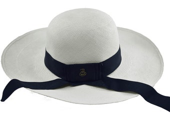 Classy Long Brim White | Black Band | Genuine Panama Hat | Toquilla Straw | Handwoven in Ecuador - EA - HatBox Included