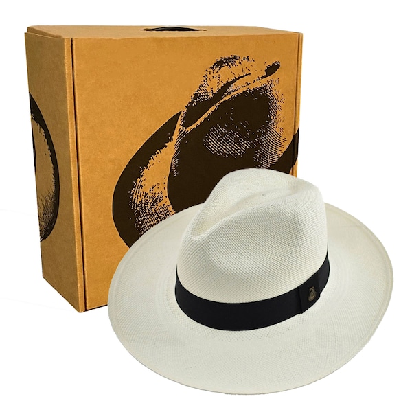 Original Panamahut - Benutzerdefinierte Bandfarbe - Sommer Fedora mit breiter Krempe - Weißes Toquilla Stroh - Handgewebt in Ecuador - EA - HatBox inklusive